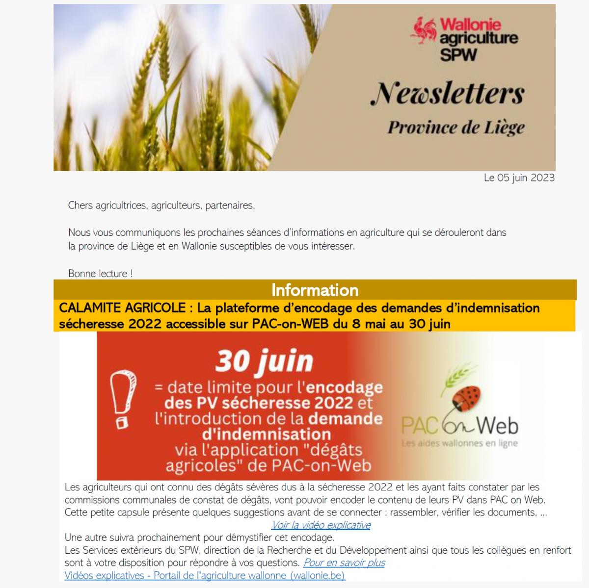 Newsletter SPW Agriculture en province de Liège du 05-06-23