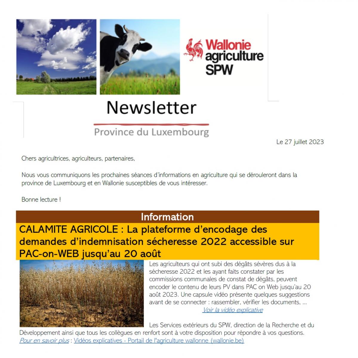 Newsletter SPW Agriculture en province du Luxembourg du 27-07-23