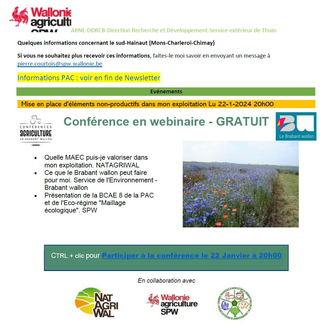 Newsletter SPW Agriculture du sud-Hainaut du 20-01-24