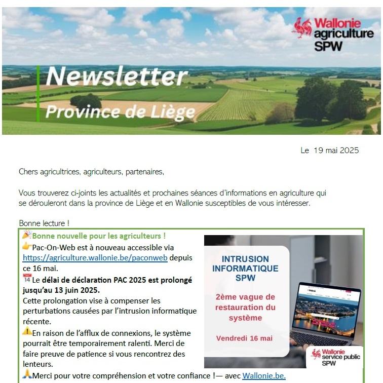 Newsletter du SPW Agriculture en province de Liège du 19-05-25